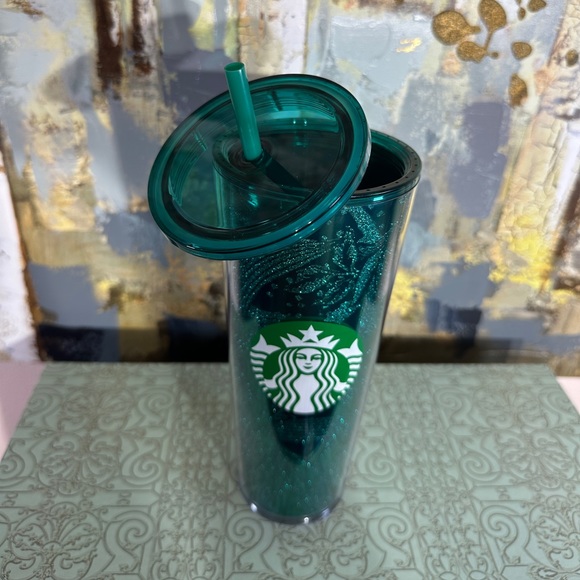 Starbucks Green Glitter Tropical Swirl Acrylic Cold Cup Tumbler - Picture 3 of 6